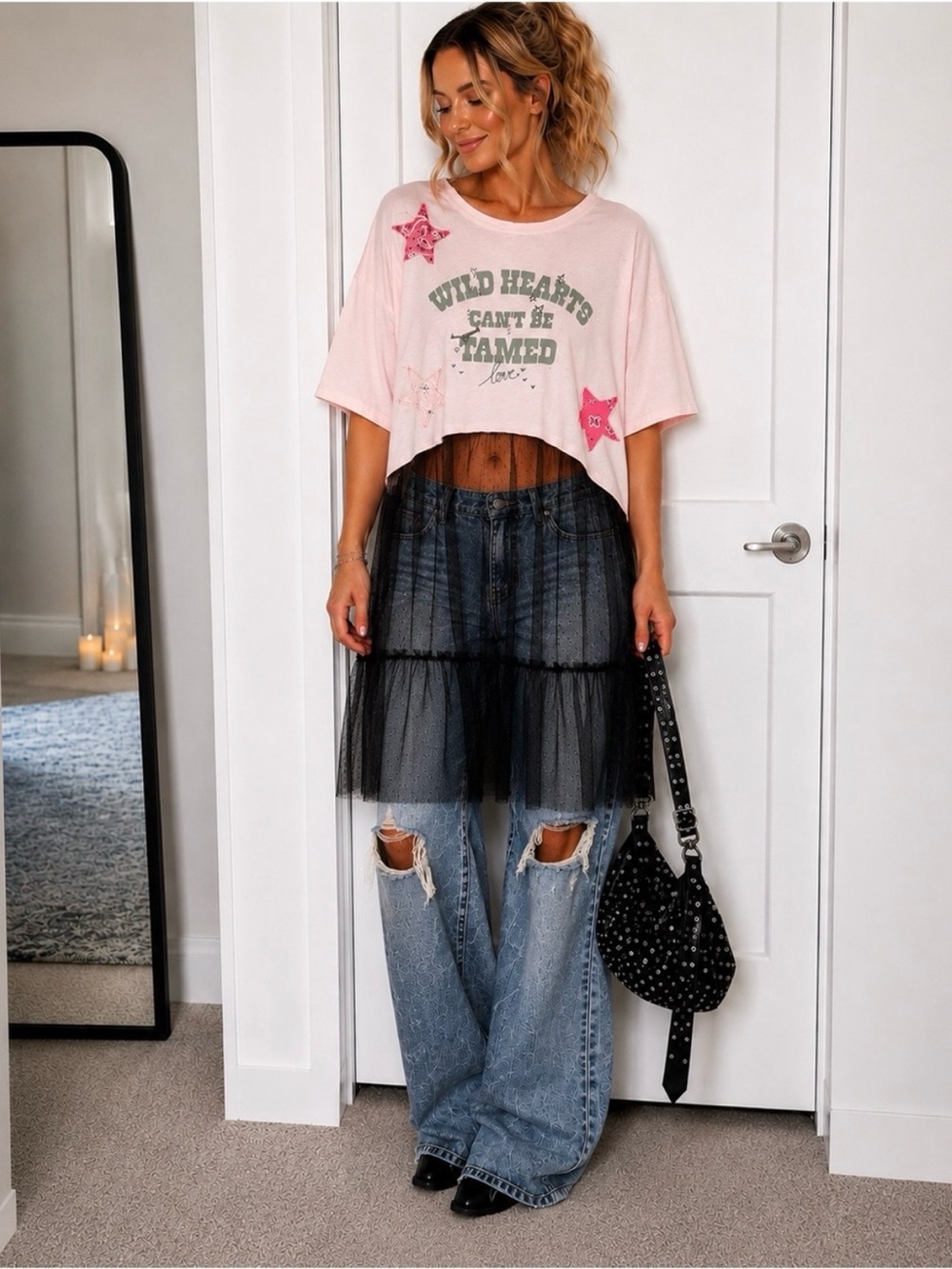 Free People x Tricia Fix Pink Graphic Tee with Black Tulle Skirt